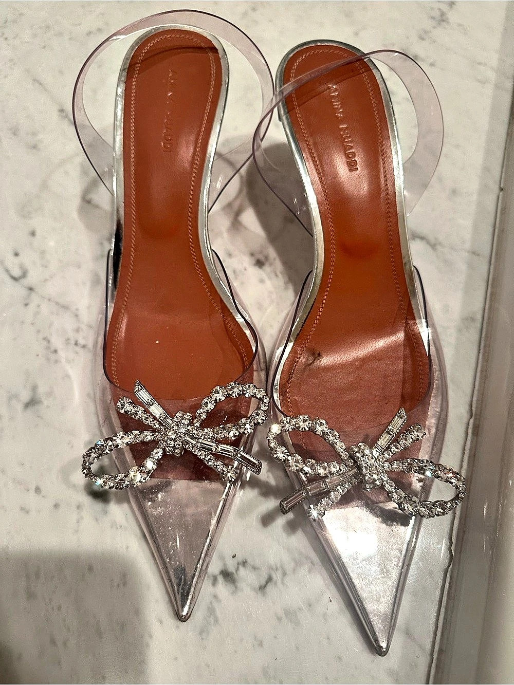 Amina Muaddi Rosie Glass Slingback Pumps Clear & Silver